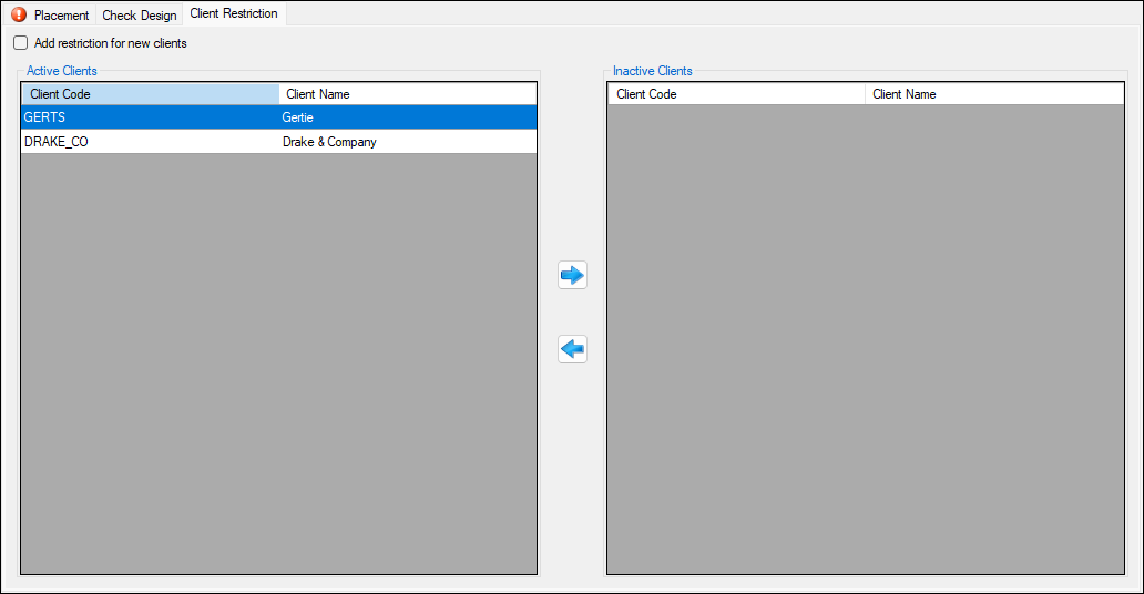 Client restriction tab screen